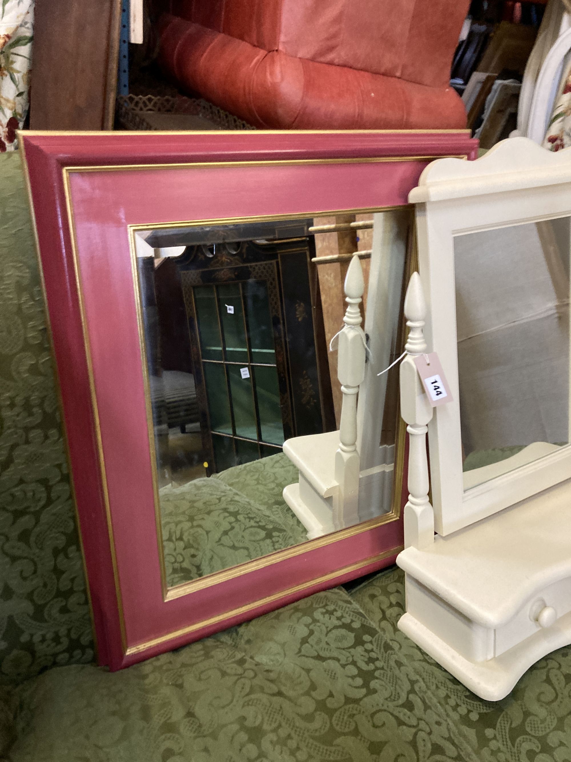 A late Victorian mahogany salon chair, a painted toilet mirror and a rectangular wall mirror